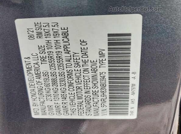 5FNRL6H83NB039475 2022 HONDA ODYSSEY Серый Вид наклейки с VIN-кодом