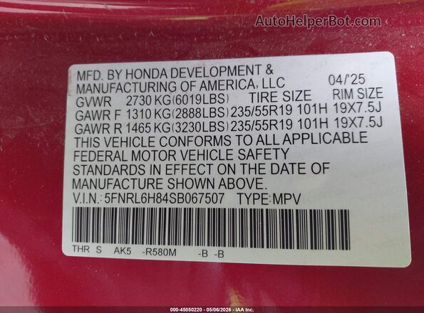5FNRL6H84SB067507 2025 HONDA ODYSSEY Красный Вид подкапотного пространства