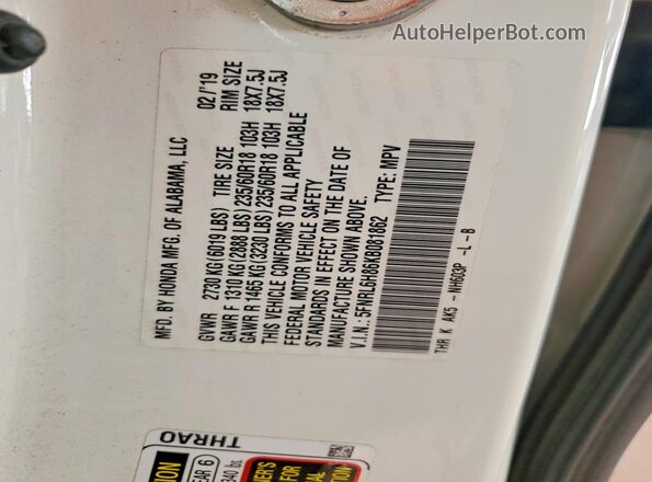 5FNRL6H86KB081862 2019 HONDA ODYSSEY White Вид наклейки з VIN-кодом