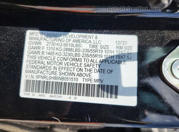 5FNRL6H86NB051510 2022 HONDA ODYSSEY Черный Панорамный вид салона 360°