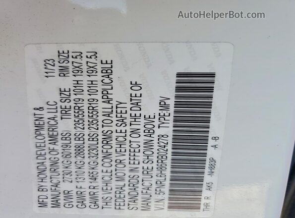 5FNRL6H86RB024278 2024 HONDA ODYSSEY Белый Вид наклейки с VIN-кодом