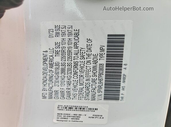 5FNRL6H87PB038008 2023 HONDA ODYSSEY White VIN კოდის სტიკერის ხედი