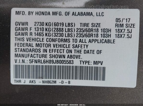 5FNRL6H89JB005583 2018 HONDA ODYSSEY Коричневый Вид подкапотного пространства