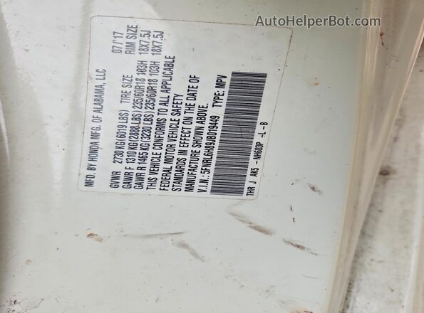 5FNRL6H89JB019449 2018 HONDA ODYSSEY White Вид наклейки з VIN-кодом