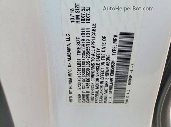5FNRL6H91KB050804 2019 HONDA ODYSSEY Белый Панорамный вид салона 360°