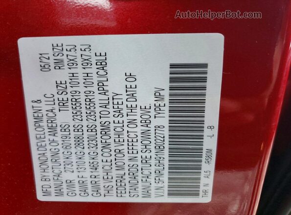 5FNRL6H91NB022778 2022 HONDA ODYSSEY Красный Вид наклейки с VIN-кодом
