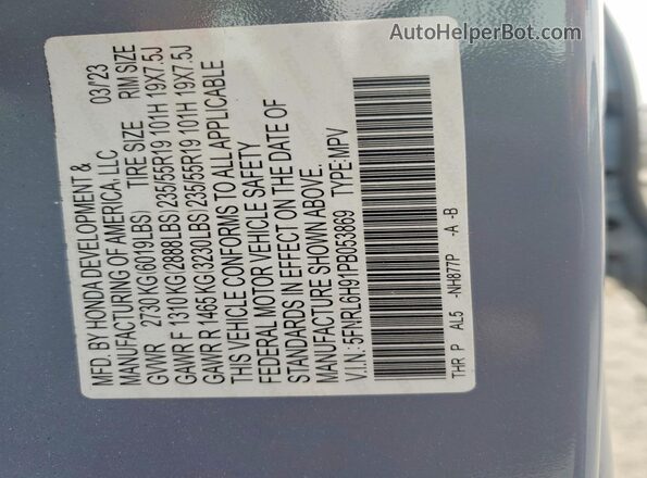 5FNRL6H91PB053869 2023 HONDA ODYSSEY Gray VIN կոդի պիտակի տեսք