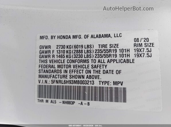 5FNRL6H93MB003213 2021 HONDA ODYSSEY Белый Вид подкапотного пространства