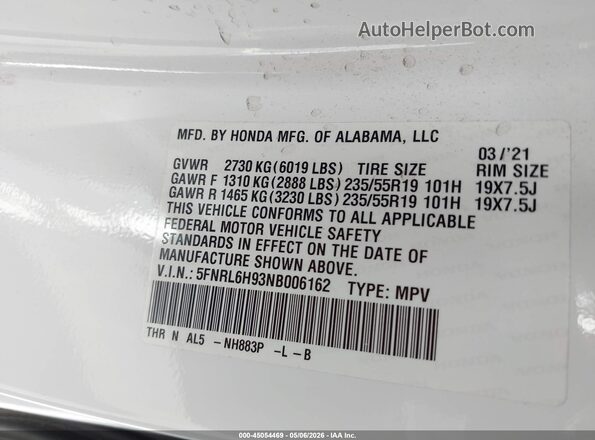 5FNRL6H93NB006162 2022 HONDA ODYSSEY Белый Вид подкапотного пространства