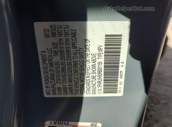 5FNRL6H93RB001159 2024 HONDA ODYSSEY Blue Widok naklejki z numerem VIN