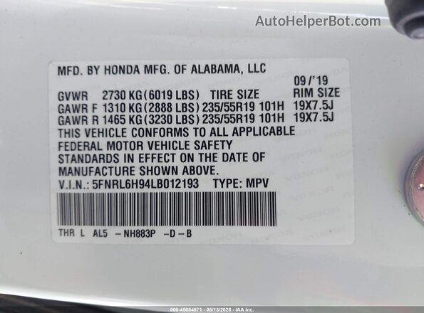 5FNRL6H94LB012193 2020 HONDA ODYSSEY White Вид підкапотного простору