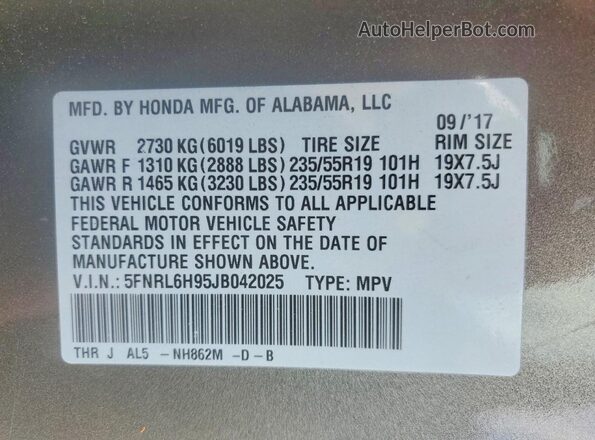 5FNRL6H95JB042025 2018 HONDA ODYSSEY Серый Вид наклейки с VIN-кодом