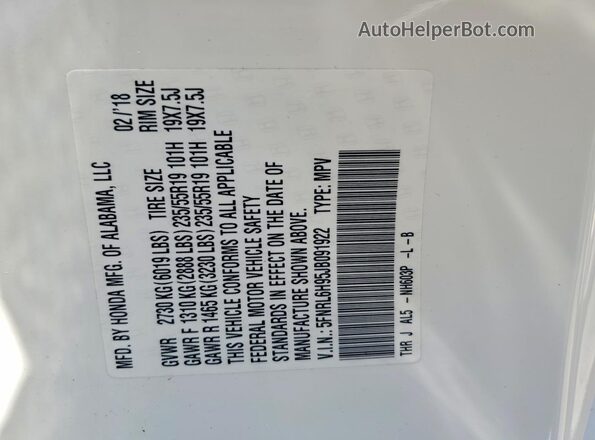 5FNRL6H95JB091922 2018 HONDA ODYSSEY White VIN კოდის სტიკერის ხედი