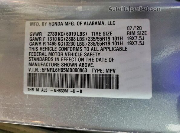 5FNRL6H95MB000863 2021 HONDA ODYSSEY Серый Вид наклейки с VIN-кодом