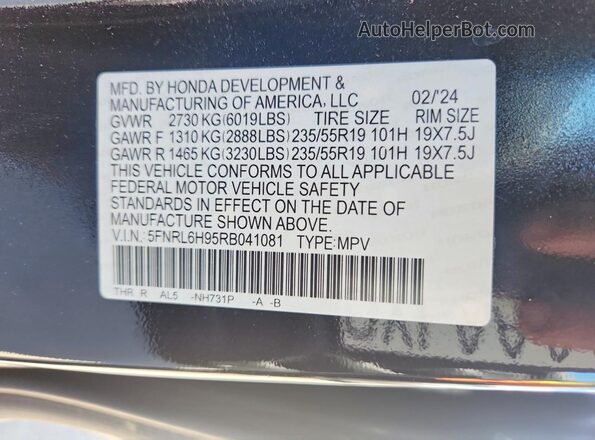 5FNRL6H95RB041081 2024 HONDA ODYSSEY Black Вид наклейки з VIN-кодом