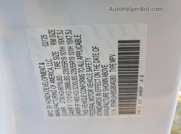 5FNRL6H95SB049283 2025 HONDA ODYSSEY White Widok wnętrza 360 stopni