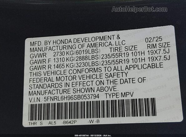 5FNRL6H96SB053794 2025 HONDA ODYSSEY Gray Widok komory silnika