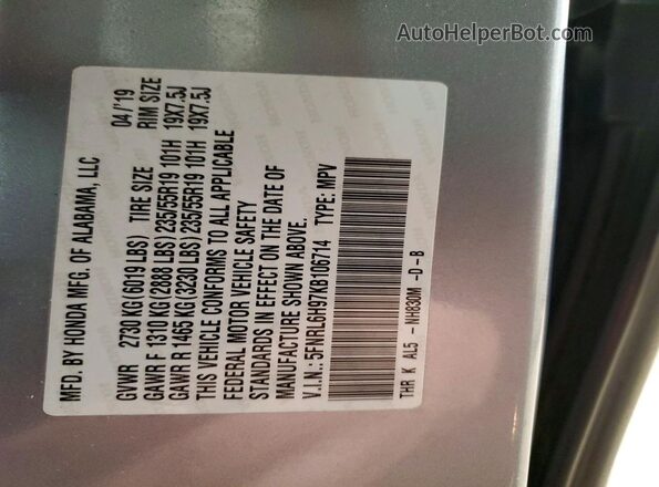 5FNRL6H97KB106714 2019 HONDA ODYSSEY Silver Vista interior de 360 grados