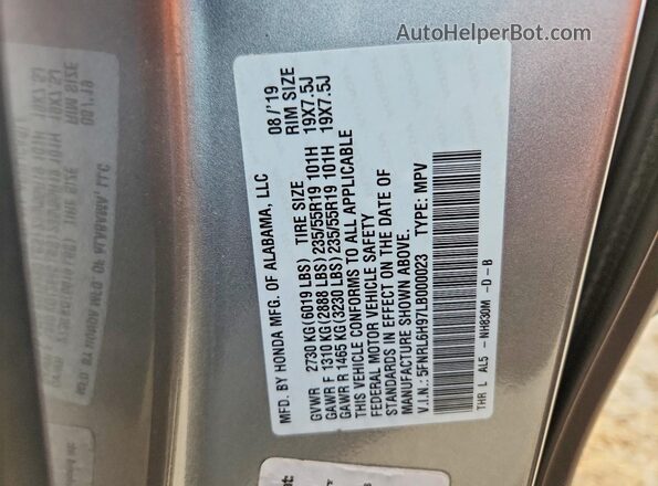 5FNRL6H97LB000023 2020 HONDA ODYSSEY Silver Widok naklejki z numerem VIN