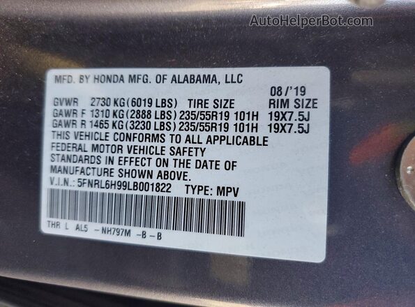 5FNRL6H99LB001822 2020 HONDA ODYSSEY Charcoal VIN კოდის სტიკერის ხედი