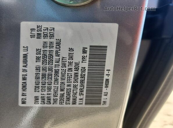 5FNRL6H99LB021634 2020 HONDA ODYSSEY Серебряный Вид наклейки с VIN-кодом