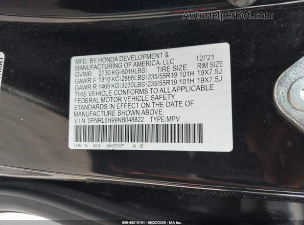 5FNRL6H99NB048822 2022 HONDA ODYSSEY Черный Вид подкапотного пространства