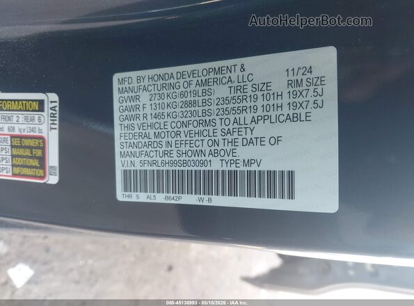 5FNRL6H99SB030901 2025 HONDA ODYSSEY Blue Вид підкапотного простору