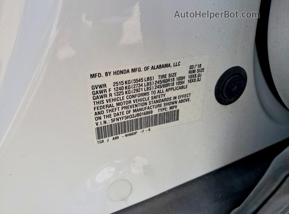 5FNYF5H33JB016869 2018 HONDA PILOT Белый Вид наклейки с VIN-кодом