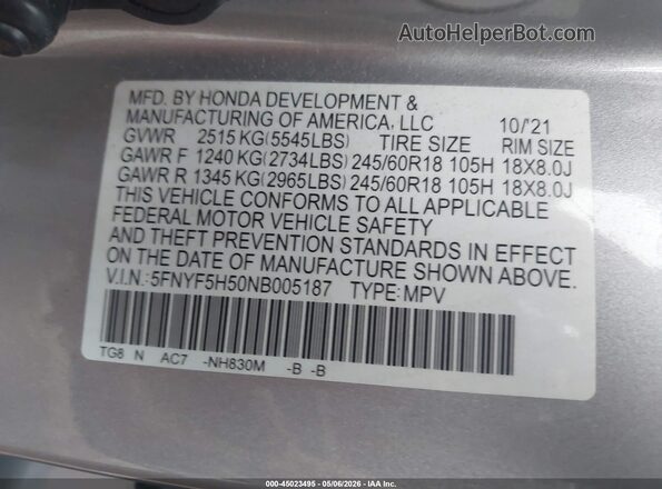 5FNYF5H50NB005187 2022 HONDA PILOT Серебряный Вид подкапотного пространства