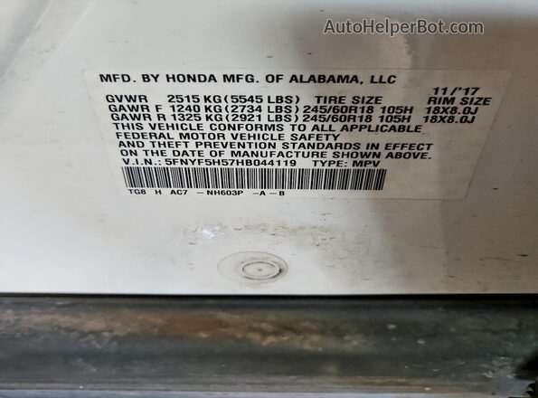 5FNYF5H57HB044119 2017 HONDA PILOT White Widok naklejki z numerem VIN