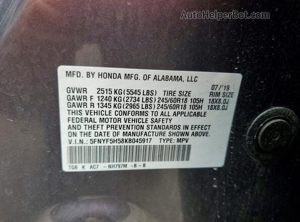 5FNYF5H58KB045917 2019 HONDA PILOT Серый Вид наклейки с VIN-кодом