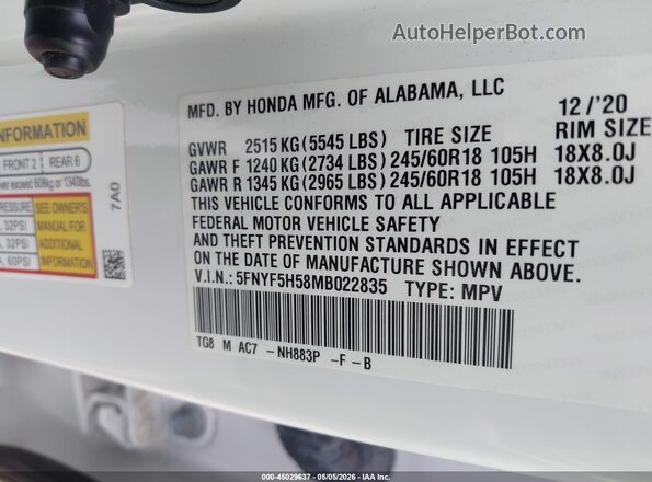 5FNYF5H58MB022835 2021 HONDA PILOT Белый Вид подкапотного пространства