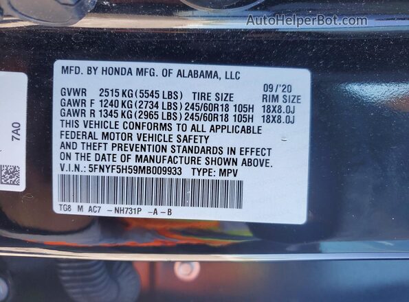 5FNYF5H59MB009933 2021 HONDA PILOT Черный Вид наклейки с VIN-кодом