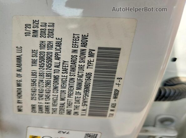 5FNYF5H96MB016406 2021 HONDA PILOT Белый Вид наклейки с VIN-кодом