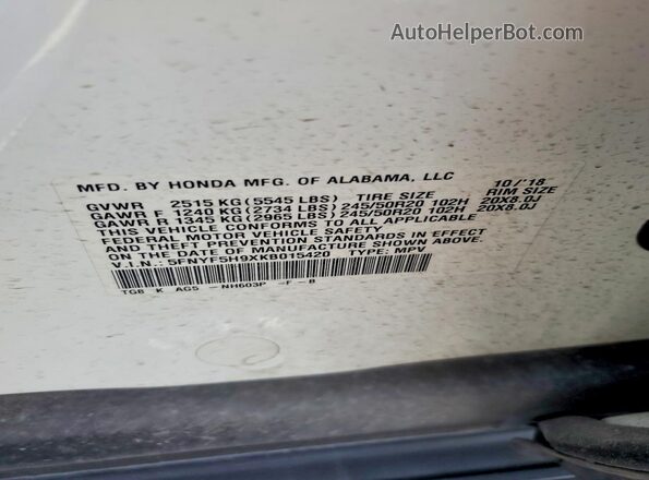 5FNYF5H9XKB015420 2019 HONDA PILOT Белый Вид наклейки с VIN-кодом