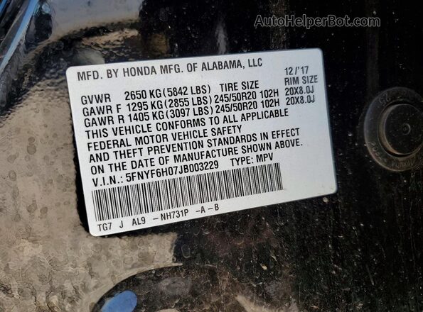 5FNYF6H07JB003229 2018 HONDA PILOT Black Вид наклейки з VIN-кодом