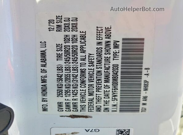 5FNYF6H08MB042030 2021 HONDA PILOT Белый Вид наклейки с VIN-кодом