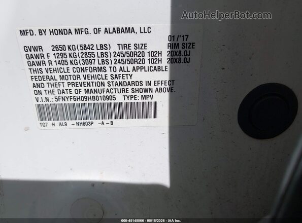 5FNYF6H09HB010905 2017 HONDA PILOT White Widok komory silnika