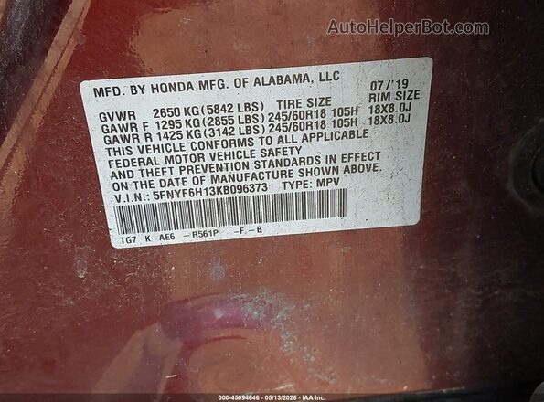 5FNYF6H13KB096373 2019 HONDA PILOT Бордовый Вид подкапотного пространства