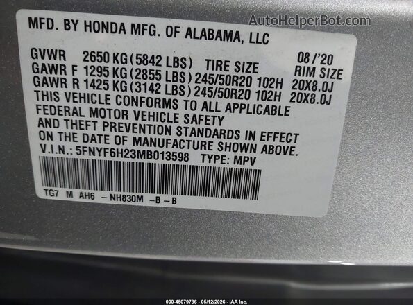 5FNYF6H23MB013598 2021 HONDA PILOT Silver Вид підкапотного простору