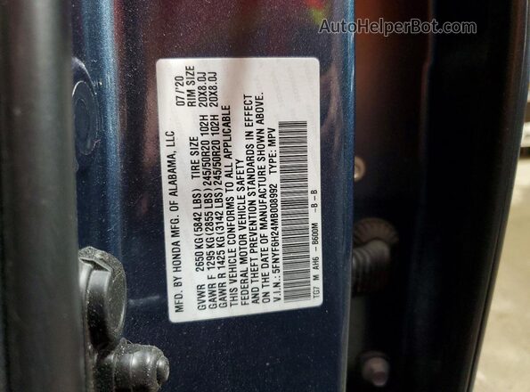 5FNYF6H24MB008992 2021 HONDA PILOT Blue Widok naklejki z numerem VIN