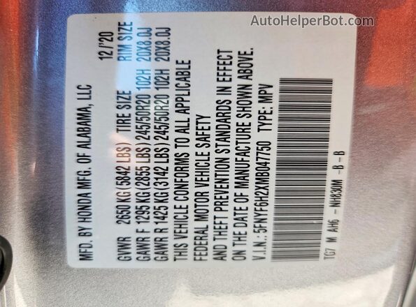 5FNYF6H2XMB047750 2021 HONDA PILOT Серебряный Вид наклейки с VIN-кодом