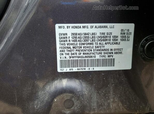 5FNYF6H33JB050610 2018 HONDA PILOT Gray VIN sticker view