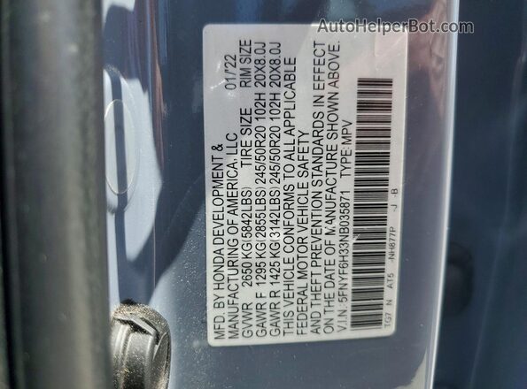 5FNYF6H33NB035871 2022 HONDA PILOT Синий Панорамный вид салона 360°