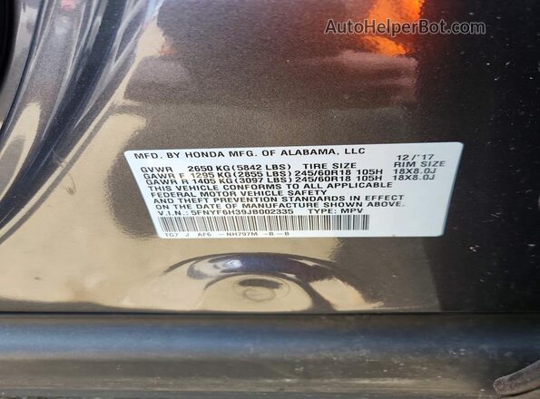 5FNYF6H39JB002335 2018 HONDA PILOT Серый Вид наклейки с VIN-кодом