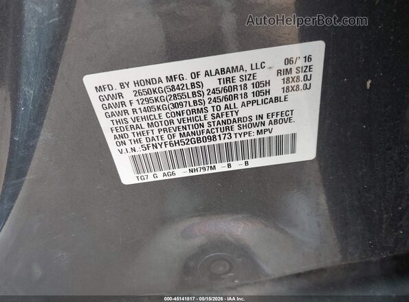 5FNYF6H52GB098173 2016 HONDA PILOT Gray Շարժիչի բաժամունքի տեսք