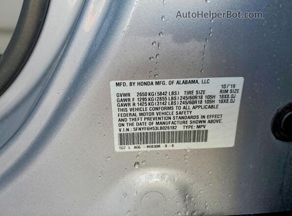 5FNYF6H53LB026182 2020 HONDA PILOT Серебряный Вид наклейки с VIN-кодом