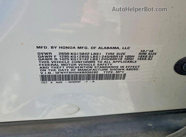 5FNYF6H54KB036282 2019 HONDA PILOT Белый Вид наклейки с VIN-кодом
