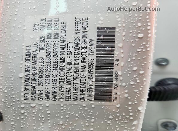 5FNYF6H54MB095979 2021 HONDA PILOT White VIN կոդի պիտակի տեսք