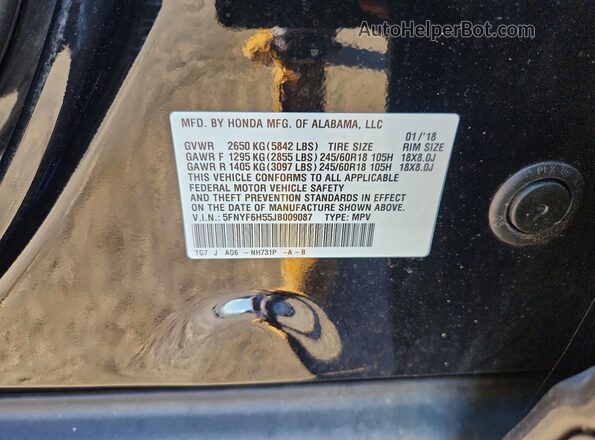 5FNYF6H55JB009087 2018 HONDA PILOT Black VIN კოდის სტიკერის ხედი